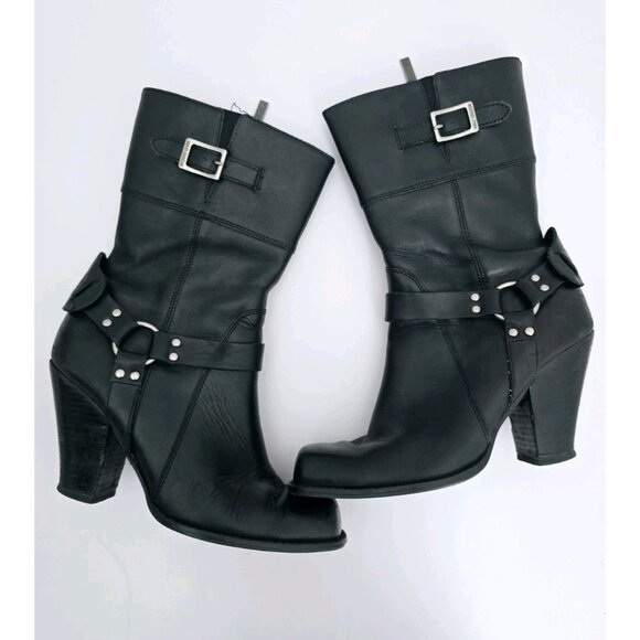 Harley Davidson Harness Boots 8 Darla Zip Mid Calf Above Ankle Black Leather - Picture 1 of 11